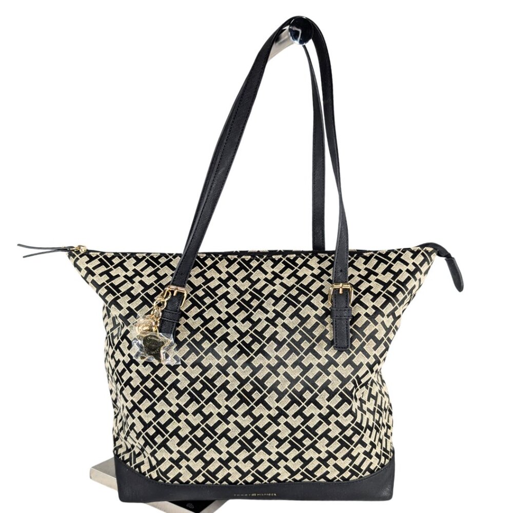 Tommy Hilfiger Black Gray Canvas Jacquard Faux Leather Large Zip Tote